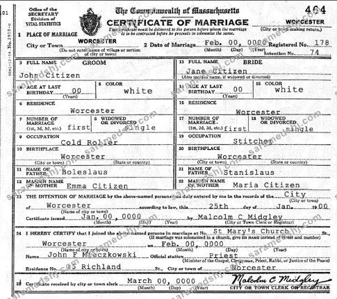 USA Massachusetts marriage certificate template in PSD format